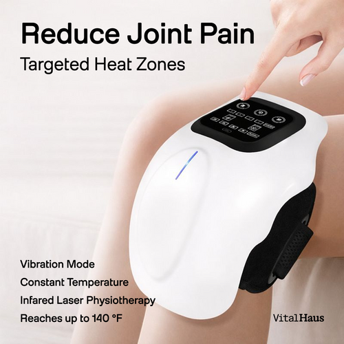 White physiotherapy device on a person's knee with text highlighting features and brand.